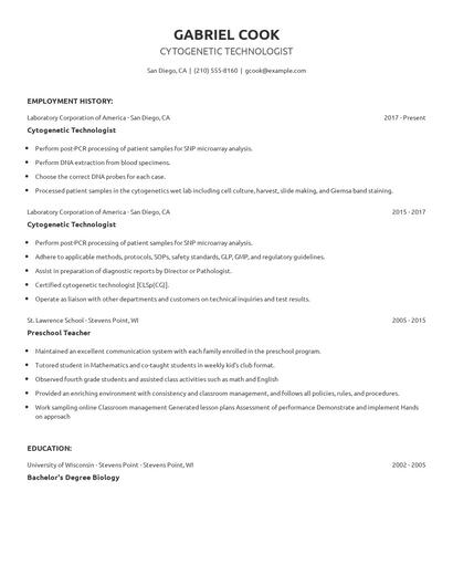 Cytogenetic Technologist Resume