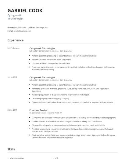 Cytogenetic Technologist Resume