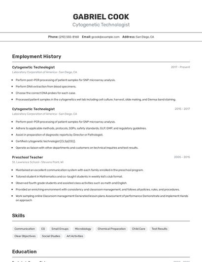 Cytogenetic Technologist Resume