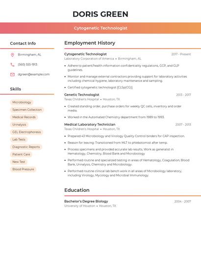 Cytogenetic Technologist Resume