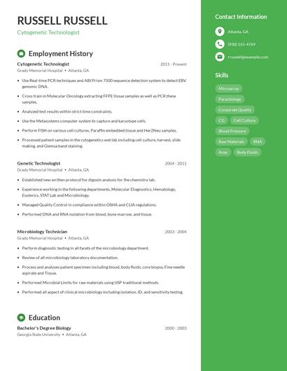 Cytogenetic Technologist Resume