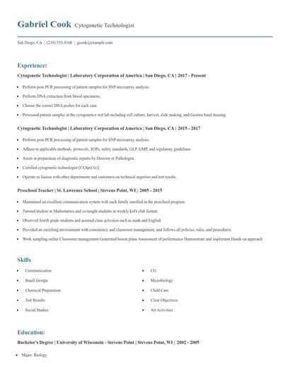 Cytogenetic Technologist Resume