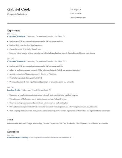 Cytogenetic Technologist Resume