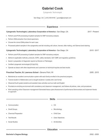 Cytogenetic Technologist Resume