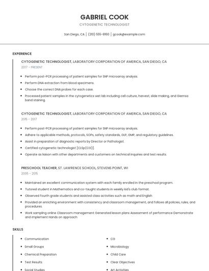 Cytogenetic Technologist Resume