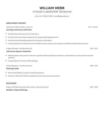 Cytology Laboratory Technician Resume