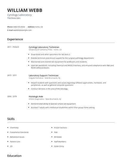 Cytology Laboratory Technician Resume