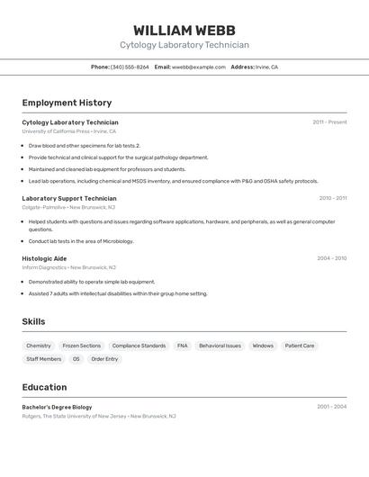Cytology Laboratory Technician Resume