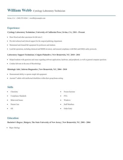 Cytology Laboratory Technician Resume