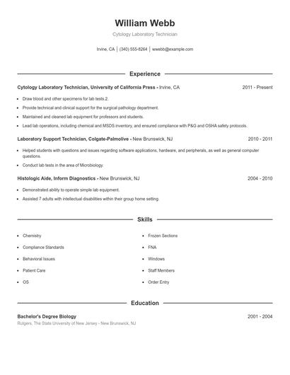 Cytology Laboratory Technician Resume