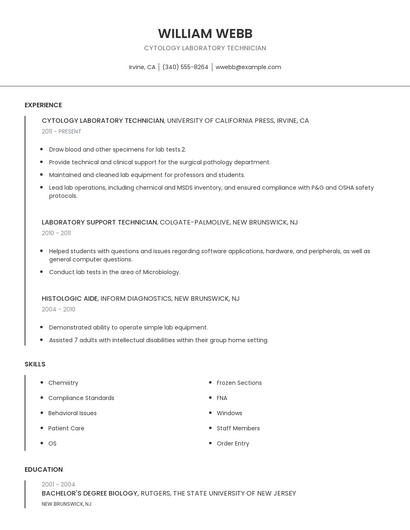 Cytology Laboratory Technician Resume