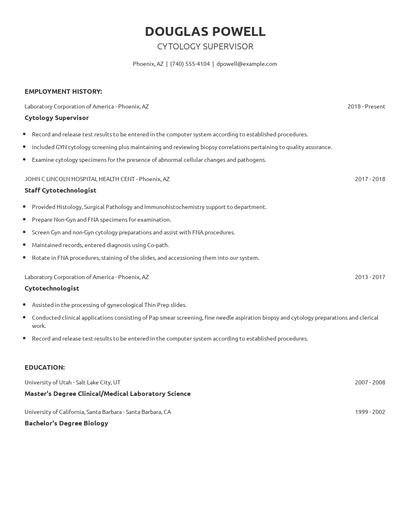 Cytology Supervisor Resume