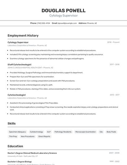 Cytology Supervisor Resume