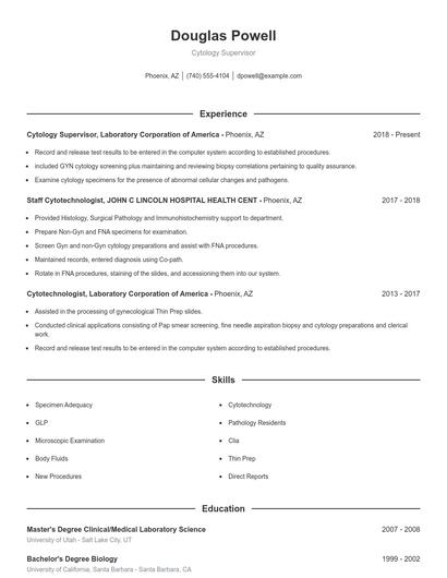 Cytology Supervisor Resume