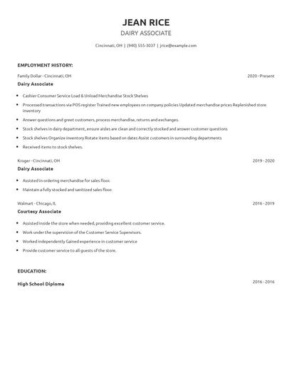 Dairy Associate Resume
