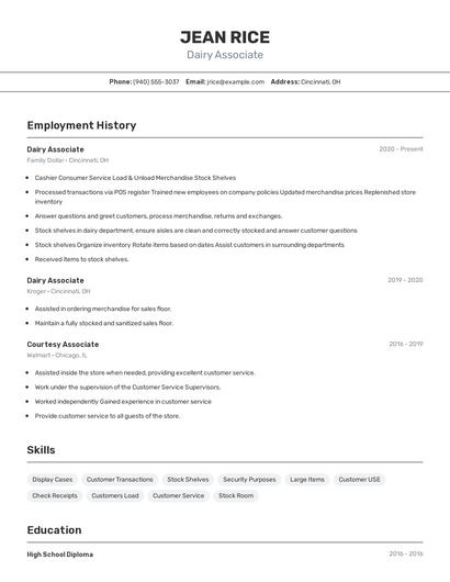 Dairy Associate Resume