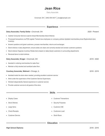 Dairy Associate Resume