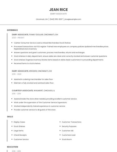 Dairy Associate Resume