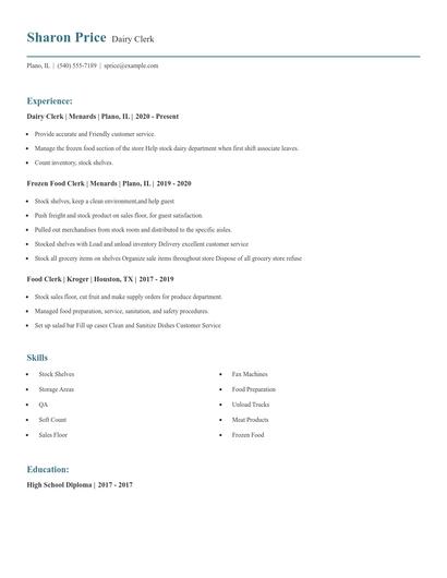 Dairy Clerk Resume