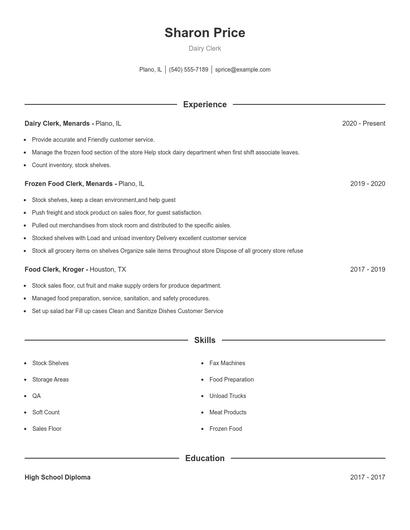 Dairy Clerk Resume