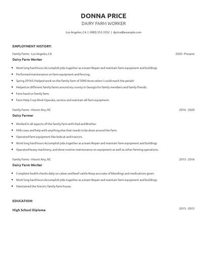 Dairy Farm Worker Resume
