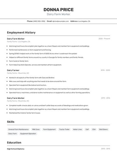 Dairy Farm Worker Resume
