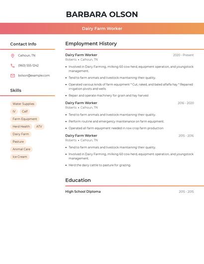 Dairy Farm Worker Resume