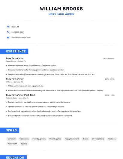 Dairy Farm Worker Resume