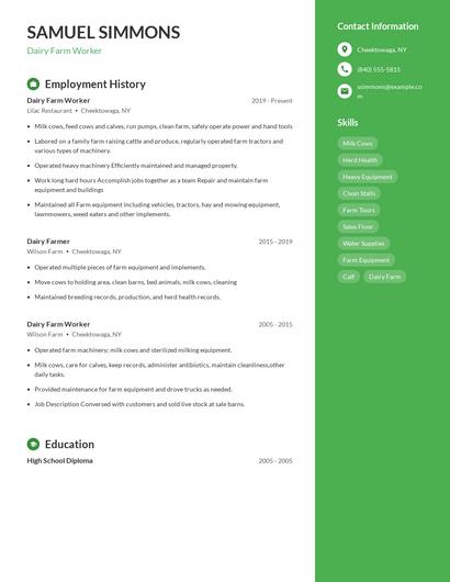 Dairy Farm Worker Resume