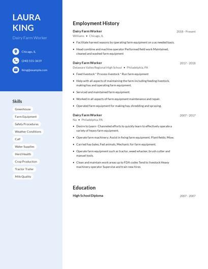 Dairy Farm Worker Resume