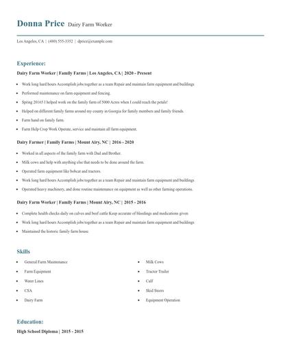Dairy Farm Worker Resume