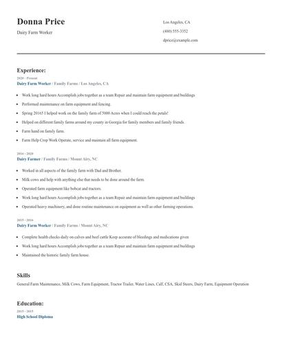 Dairy Farm Worker Resume