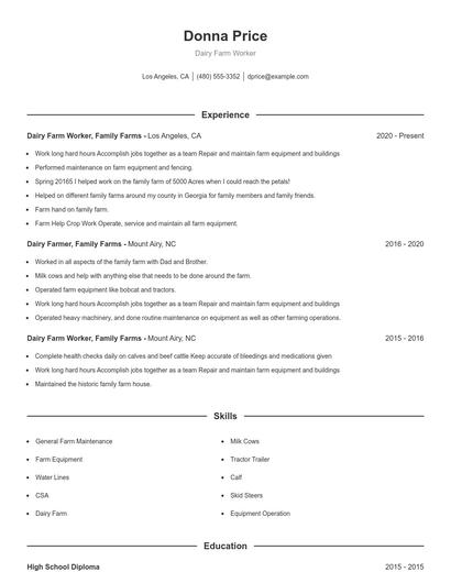 Dairy Farm Worker Resume