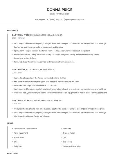 Dairy Farm Worker Resume
