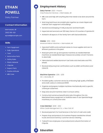Dairy Farmer Resume
