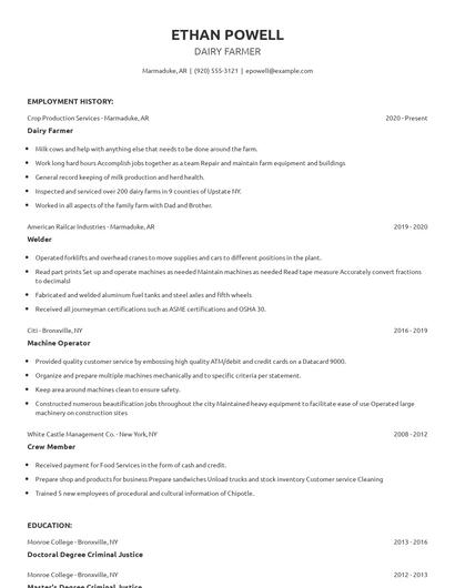 Dairy Farmer Resume