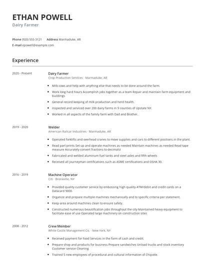 Dairy Farmer Resume