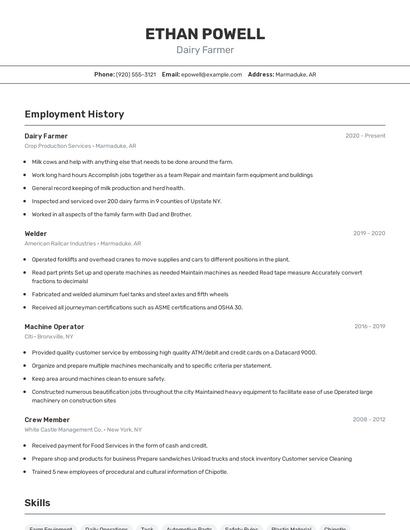 Dairy Farmer Resume