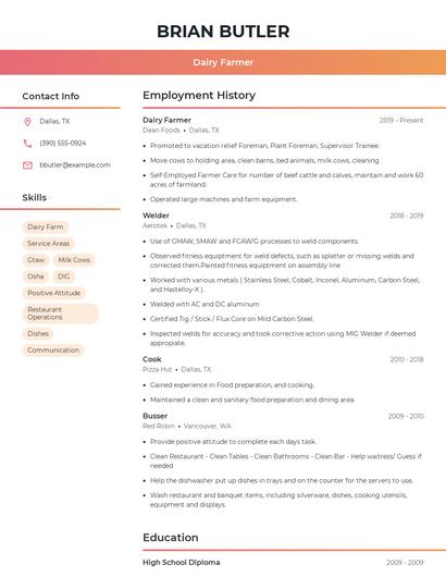 Dairy Farmer Resume