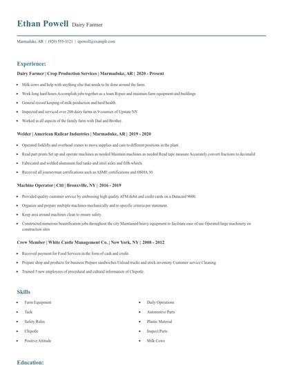 Dairy Farmer Resume