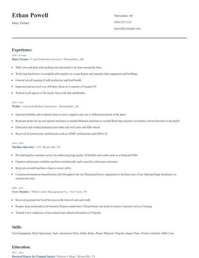 Dairy Farmer Resume
