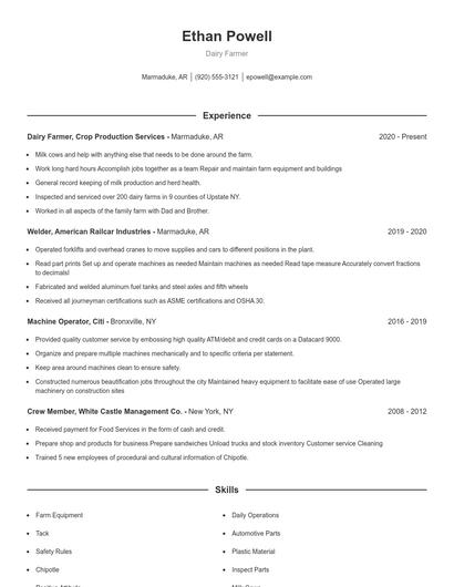 Dairy Farmer Resume