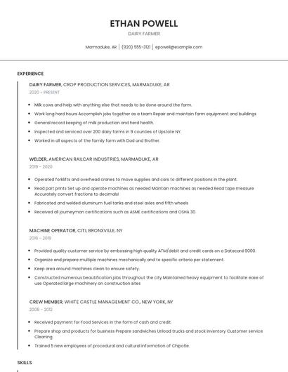 Dairy Farmer Resume