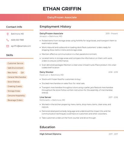 Dairy/Frozen Associate Resume