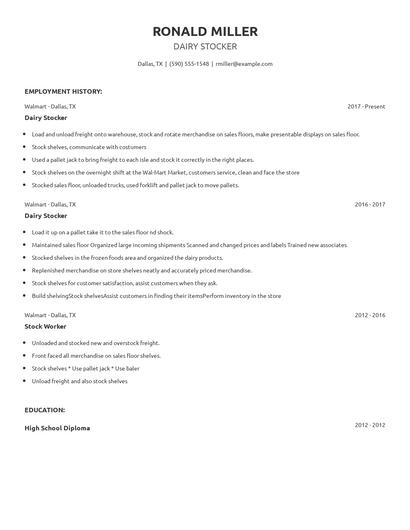 Dairy Stocker Resume