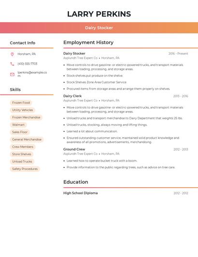 Dairy Stocker Resume