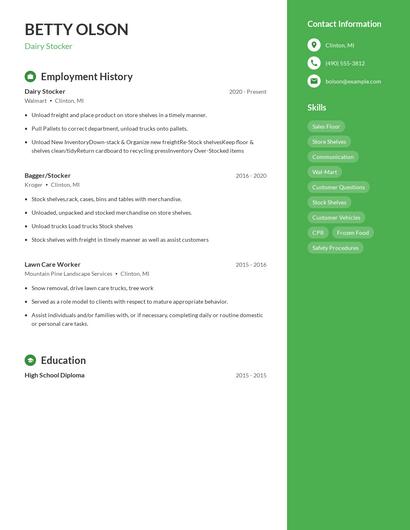 Dairy Stocker Resume
