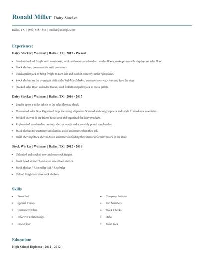 Dairy Stocker Resume