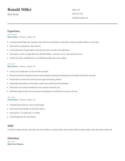 Dairy Stocker Resume
