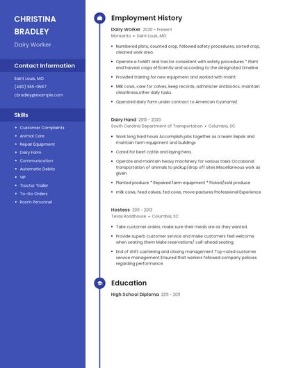 Dairy Worker Resume